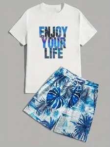 Men's Summer Breathable Short Sleeve Shorts Set, Casual Loose-Fitting Two-Piece Suit, Beach Letter Print, No Collar, Without Zipper