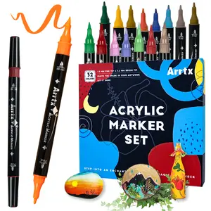 Arrtx 32-Color Set，Tip Acrylic Paint Markers, Brush/dot tip and Fine Tip for Rock Painting, Ceramic, Wood, Canvas, Plastic, Glass, Stone, Calligraphy, Card Making, DIY Crafts,markers for coloring,dual tip marker set,student acrylic pens
