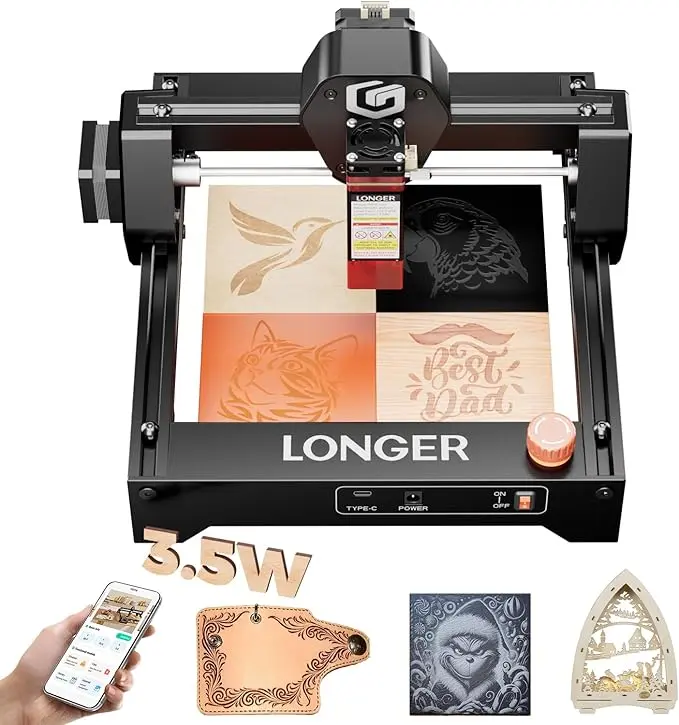 LONGER Ray5 Mini Laser Engraver & Cutter with Chuck, 3.5W Portable Device, 0.04mm Ultra Precision, 140x130mm Work Area, WiFi Compatible, Engraves/Cuts Wood, Acrylic, Leather, Ceramic, Plastic, Beginner-Friendly for Handmade Gifts