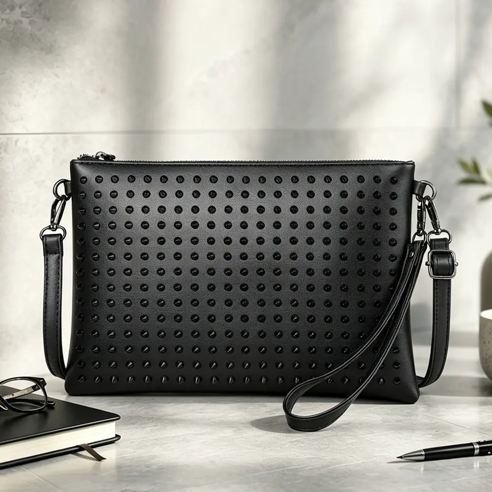 Men's PU Casual Envelope Clutch, Studded Minimalist Black Handbag with Side Pocket, Multifunctional Crossbody-Shoulder Bag for Commuting, Small Accessories Pouch, Envelope Clutch Men's Clutches