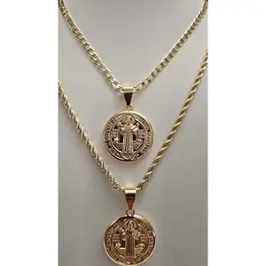 New Style Medalla de San Benito Gold Color Round Double Sided Pendant with Chain Medalla
