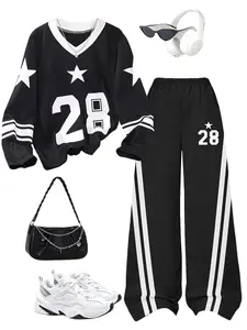 Girls' Spring & Fall Set, Teenage Girl Two-Piece Casual Set, Number Print Long Sleeve + Pants, Kids Daily Wear, Fashionable