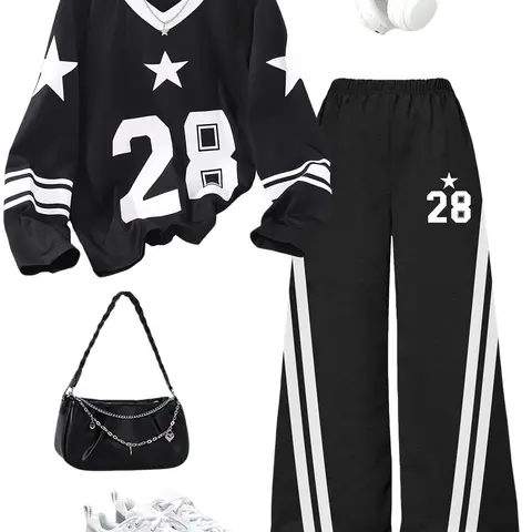 Girls' Spring & Fall Set, Teenage Girl Two-Piece Casual Set, Number Print Long Sleeve + Pants, Kids Daily Wear, Fashionable, Tween Set, Fashion Style Sets, Clothes Sets
