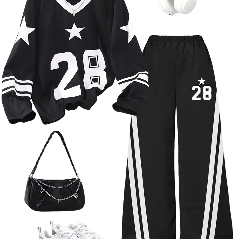 Girls' Spring & Fall Set, Teenage Girl Two-Piece Casual Set, Number Print Long Sleeve + Pants, Kids Daily Wear, Fashionable, Tween Set, Fashion Style Sets, Clothes Sets