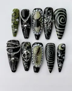 Gothic Press On Nails Set 3D Skull Cross Chain Spider Black Camo Stiletto Handmade Nails for Holiday, Vacation, Birthday