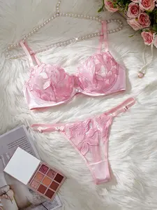 Women's Plus Size 2-Piece Lingerie Set - Valentine's Day Elegant Lace, Floral Design, Satin Fabric, 3/4 Coverage, Lightweight, Comfortable Fit, Seamless Panties, Adjustable Straps, All Seasons, Available in Pink, Green, Blue, Red