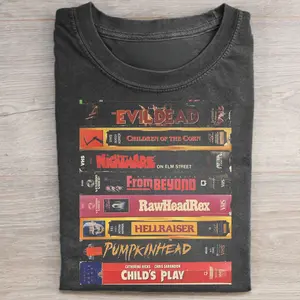 Vintage 80s Horror Cassette Tapes Graphic Tee - Evildead, Nightmare on ELM Street, Hellraiser, Pumpkinhead Shirt - Halloween Movie Shirt - Iconic Villains From Horror Films - Spooky Season - Trick or Treat - Fall Season Printed Tops