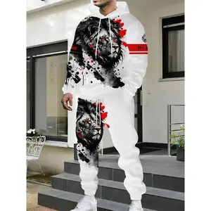 Men's Casual 2-Piece Set, Lion Ink Print Hoodie and Sweatpants, Spring and Autumn Fashion Outfit Clothes Menswear Polyester Animal Collar Flowers Suit Top Fabric Gamis
