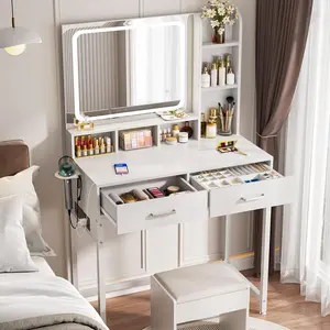 Unikito Makeup Vanity Desk with Mirror and Lights, Adjustable Lighting, Vanity Table with Drawers and Charging Station and Shelves, Dressing Table for Bedroo white