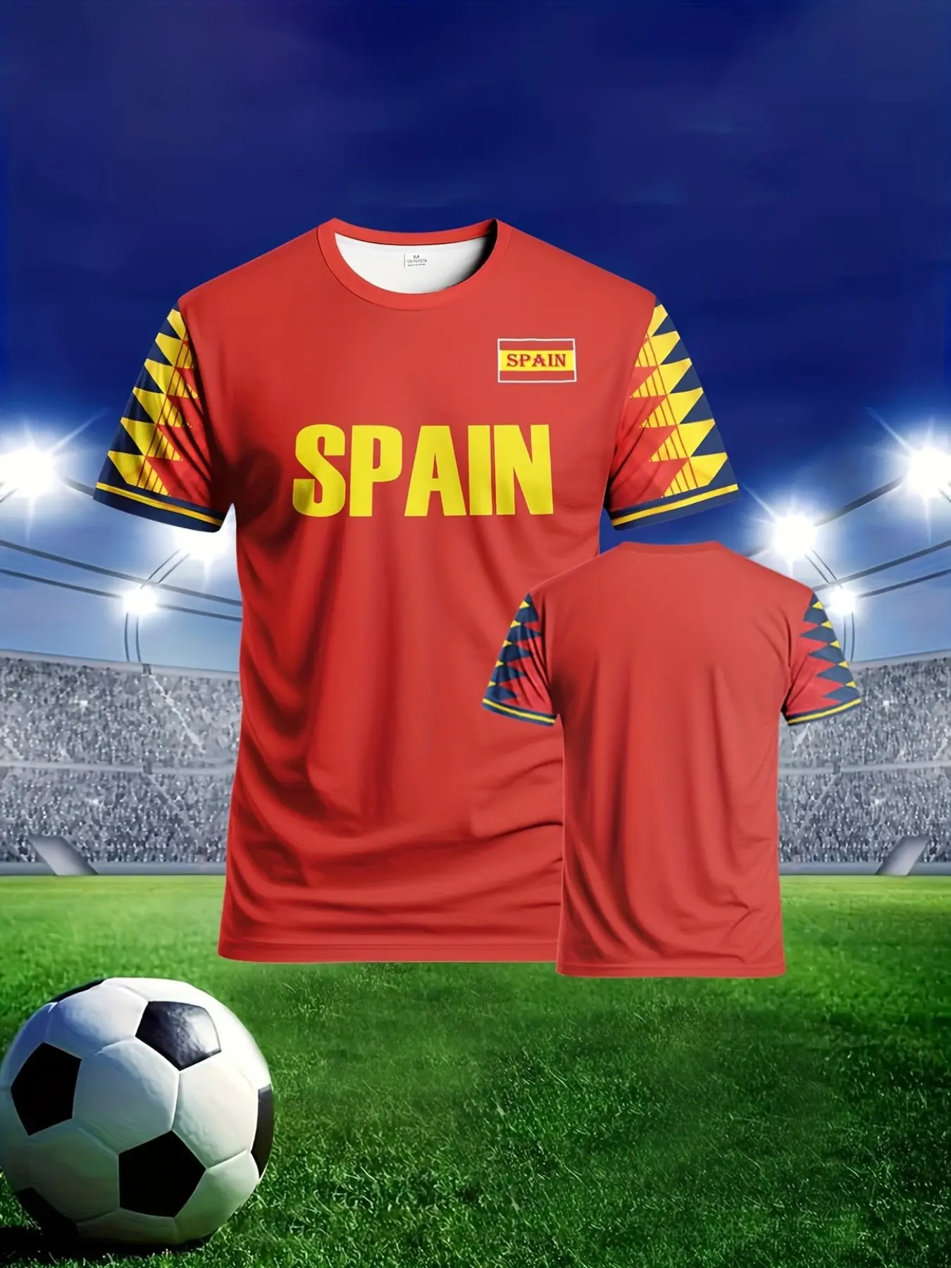 Men's Spanish Football Jersey, Soccer Shirt, Breathable 150gsm Knit Fabric, Spain Flag & Badge Print, Stretch Fit T-Shirt, Sports Style Jersey, Summer Sports & Casual Wear, Short Sleeve Jersey