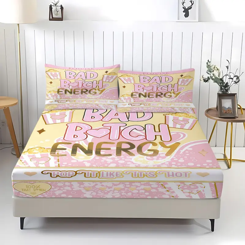 Bad B♥TCH ENERGY Theme Bed Sheet, Fruit/Dessert Pattern Bedding Set, Soft, Comfortable and Easy to Care for Bedding, Made of Allergy Resistant Material All Year Round, Including 1 Bed Sheet and 2 Pillowcases