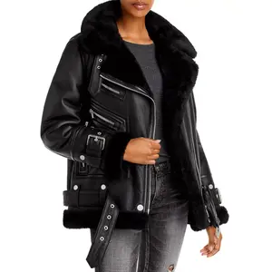 Womens Jet Black Shearling Leather Jacket