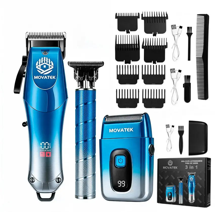 MOVATEK 3pcs Men's Electric Professional Hair Clippers&Trimmer Kit USB Rechargeable, Hair Trimmer with LED Battery Status Adjustable Limit Comb Set With Hair Clipper Electric Shaver, Detail Trimmer, Ideal Valentine Gift ,Holiday Gift For Dad For Boyfriend