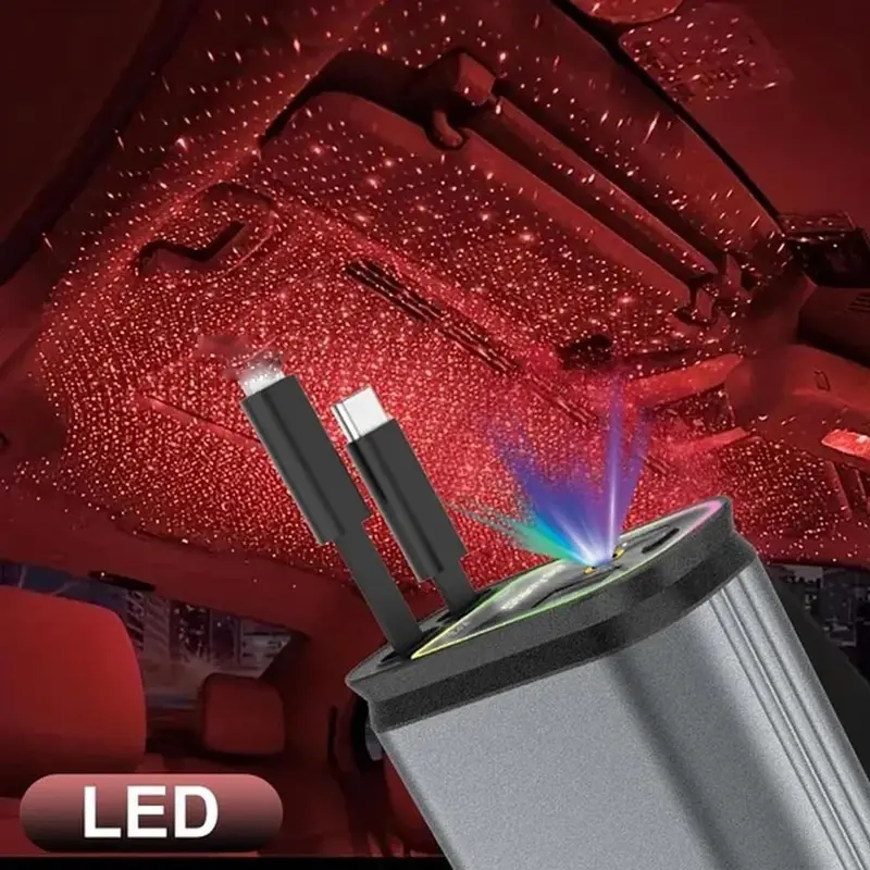 Star Top 4-in-1 Retractable Fast Charger with LED Light Compatible with iPhone & Type-C Dual USB Ports Car Item Efficient Charging 180-Degree Rotatable Design