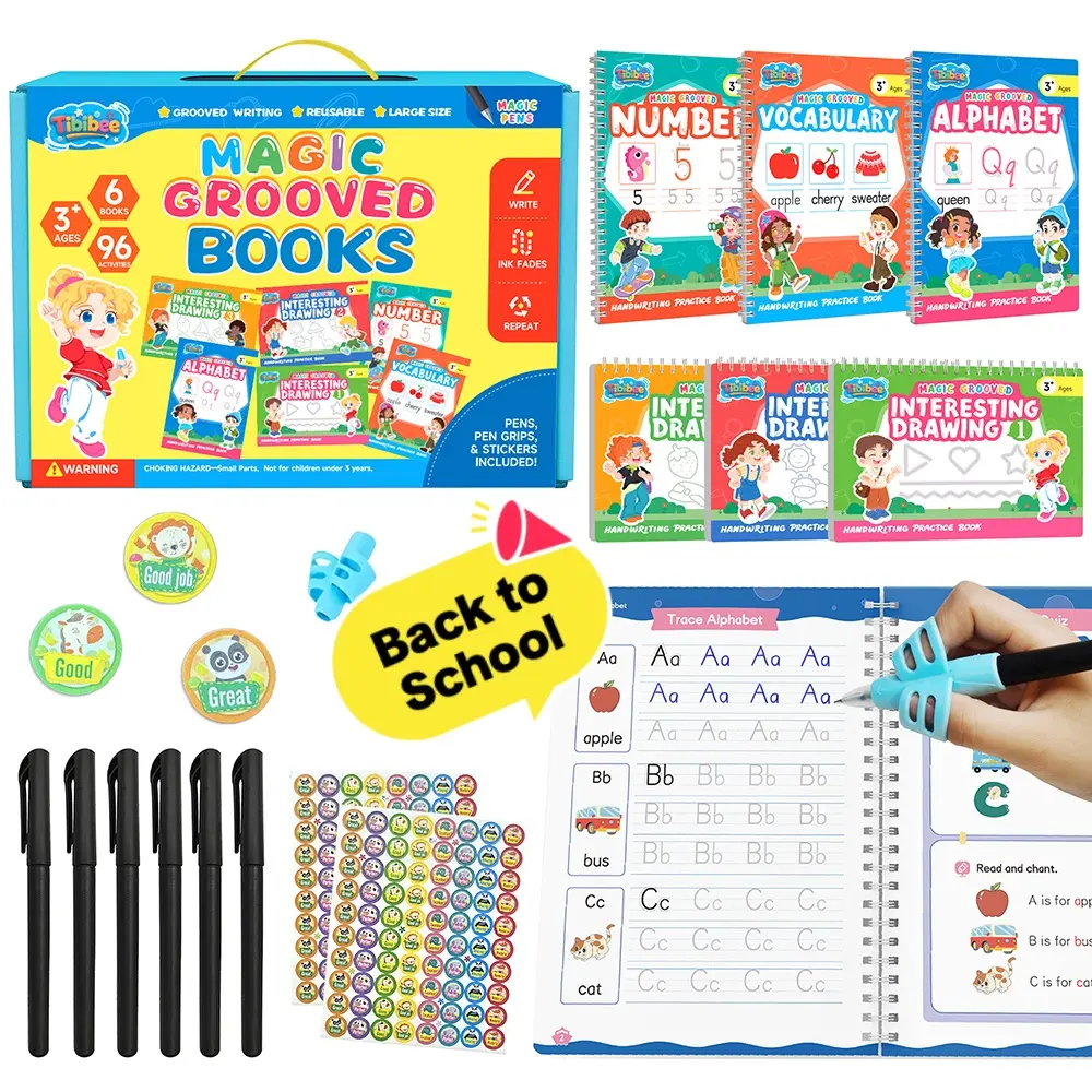 [BackToSchool]TIBIBEE Magic Grooved Writing Practice for Kids Ages 3–8, Reusable Handwriting Workbooks with Deep Tracing Grooves – Letters, Numbers, Math & Drawing – Disappearing Ink Pens & Grips – Great Gifts for Kids