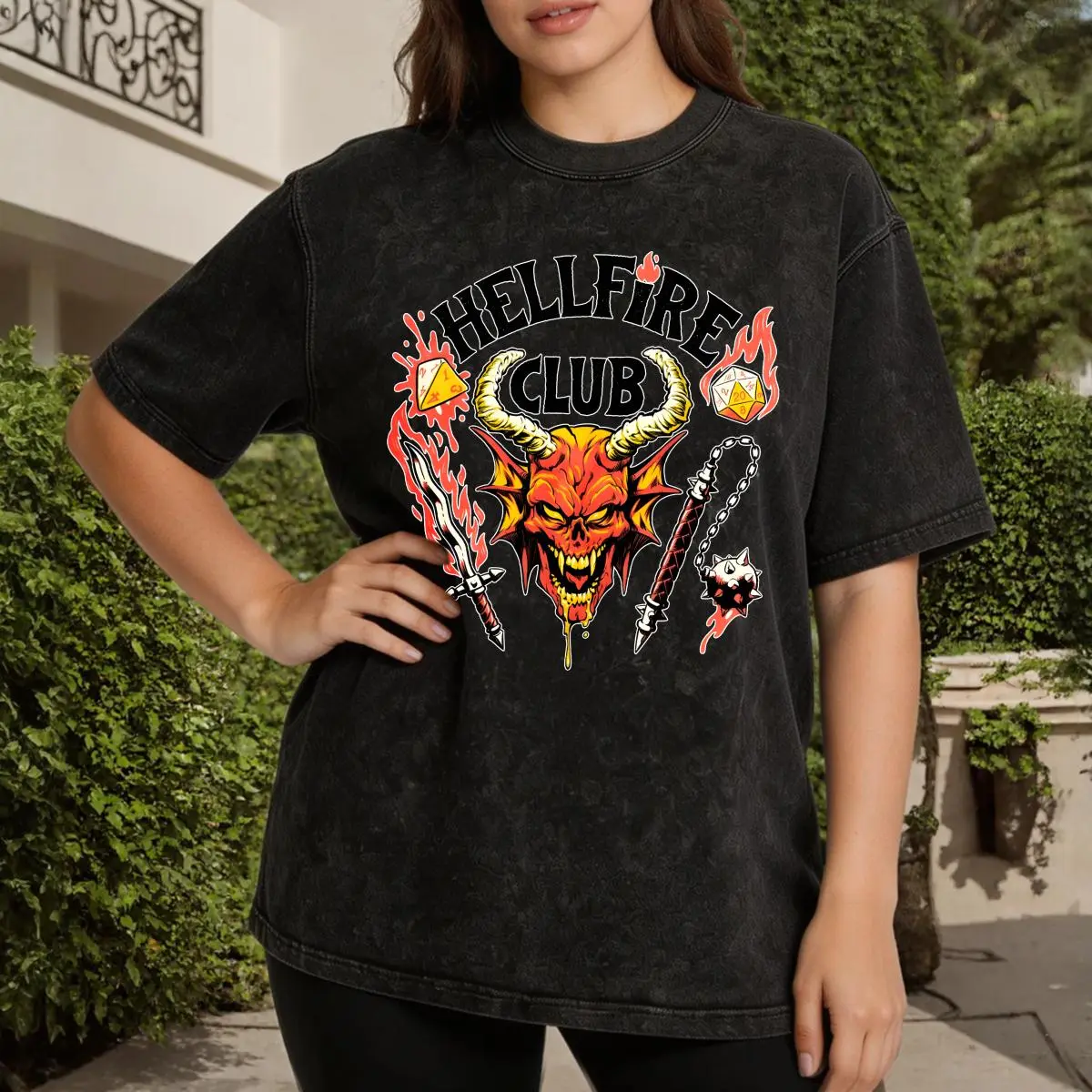 Hellfire Club Design Women's Vintage Washed T-Shirt Hellfire Club Devil Graphic Tee Oversized Graphic Tee Outdoor Casual Short Sleeve
