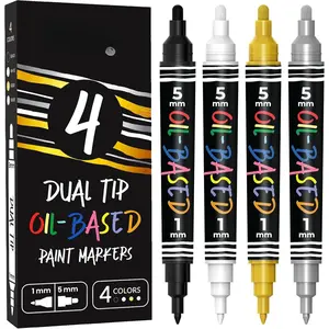 4 Oil Based  Markers - Oil  Pens Dual Tip (1mm Fine Tip + 5mm, White, Black,  & ) |  & Permanent for Metal, Automotive Tire, Plastic, Fabric, ,  up