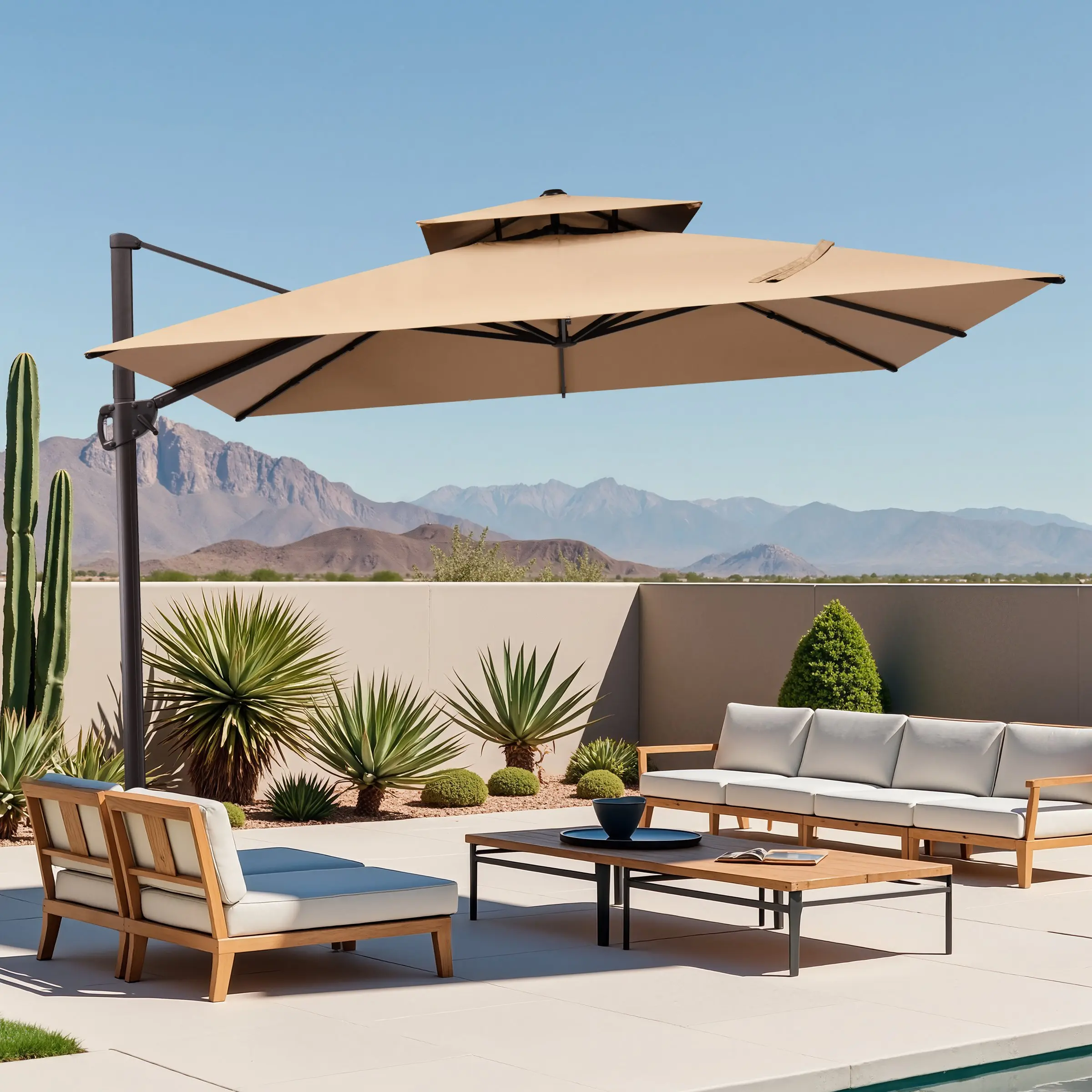 Crestlive Products 11x11 ft Patio Offset Umbrella, Double-Top Square Outdoor Cantilever Umbrella for Pool & Yard, 360° Rotation, Crank Lift, Cross Base, 500H FadeSafe Canopy