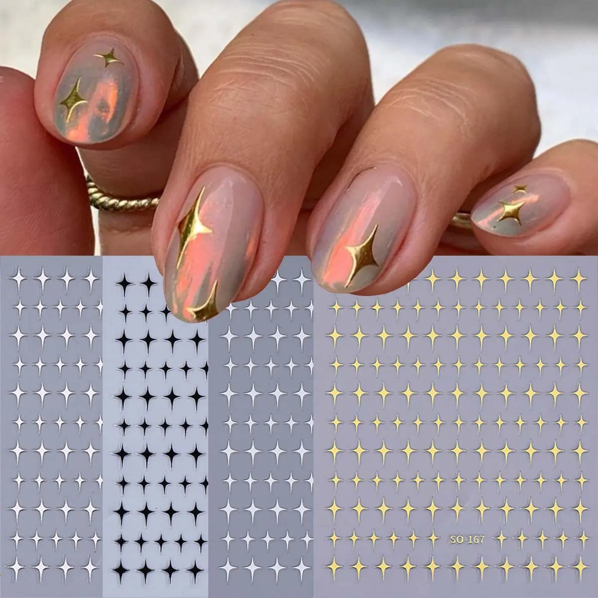 4 Pcs Star Nail Art Stickers, 3D Metallic Color Glitter Decorative Nails Starburst Ramadan Festival Nail Decals, DIY Manicure Decor for Women and Girls, Nail Designs