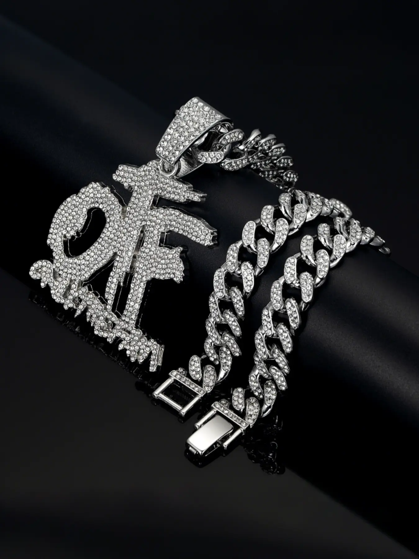 Hip Hop Full Diamond Otf Letter Pendant Necklace, Chunky Chain Necklace, Iced Out Jewelry, Alloy Chain Cuban Link Design Zircon Jewelry, Street Style Art Culture Accessory, Trendy Hipster Personality Gift