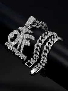Hip Hop Full Diamond Otf Letter Pendant Necklace, Iced Out Jewelry, Alloy Chain Cuban Link Design Zircon Jewelry, Street Style Art Culture Accessory, Trendy Hipster Personality Gift