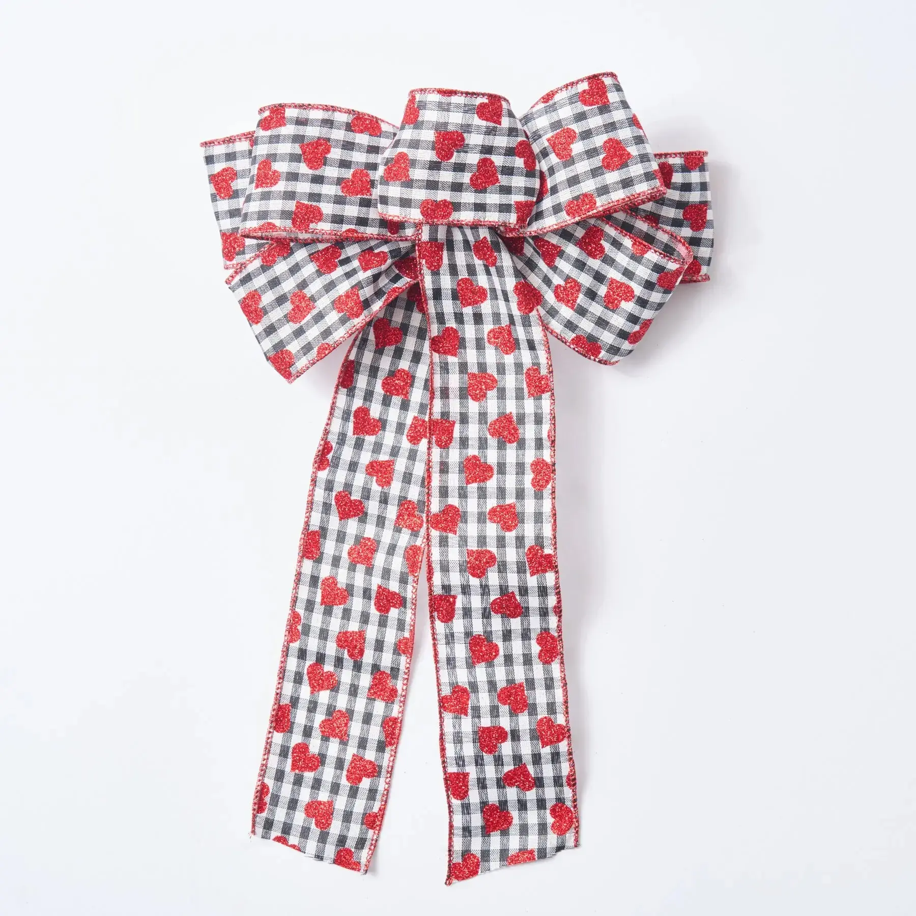 Black & White Plaid with Red Glitter Hearts Valentine's Day Hand Tied Bow