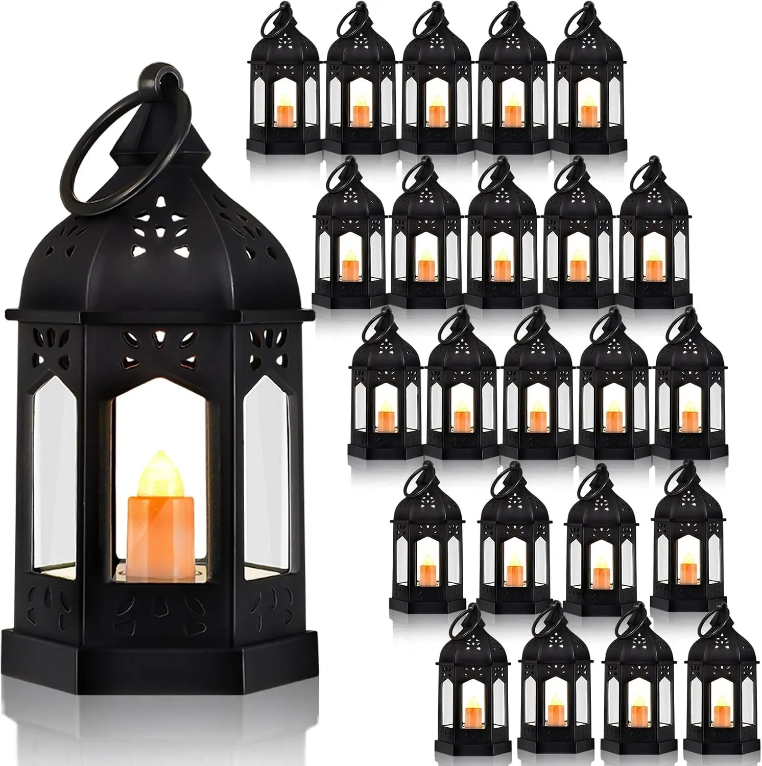 24 Pcs Mini Lantern Decorative with Flickering LED Candle Vintage Hanging Lanterns Battery Powered Light Wedding Diwali Halloween Christmas Centerpiece for Camping Garden Party Decor(Black)