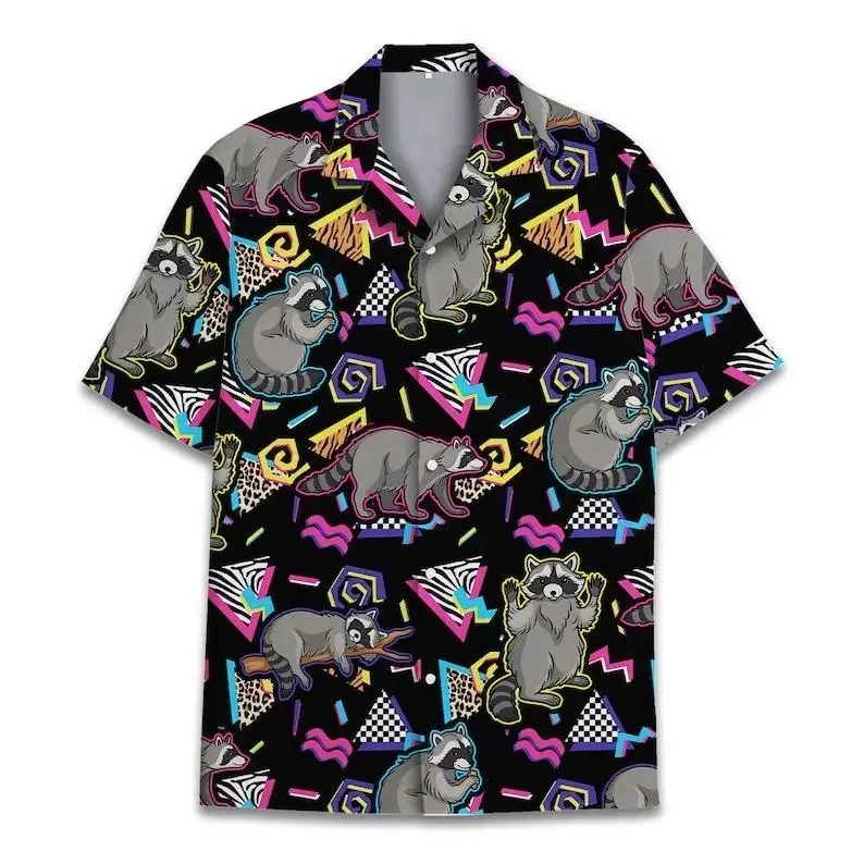 Retro Raccoon Hawaiian Shirt, Funny Racoon Design Tropical Short Sleeve Shirt, Summer Aloha Button Down Shirt, Gift for Him or Her