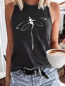 Women's Dragonfly Print Round Neck Tank Top, Graphic Sleeveless Vest, Casual Sleeveless Top for Summer, Ladies Clothes for Daily Wear, Socks