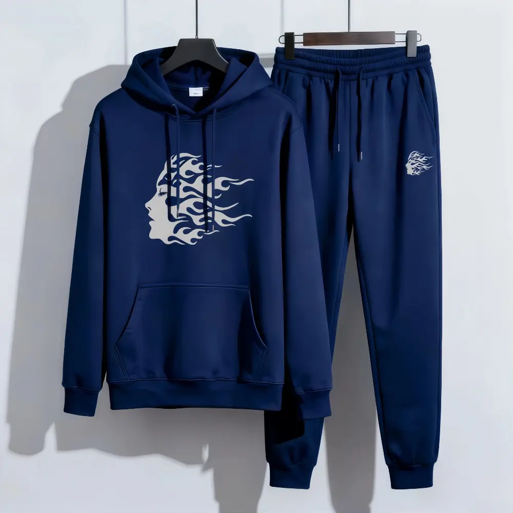 Men's Casual Suit "Flame Avatar Trendy" Dark Hooded Sweatshirt & Leggings Set Street Style Sports Two-Piece Flame Face Print Hoodie for Everyday Wear Love Love Stylish Tops Pullover Longsleeves Menswear Artwork Design Comfort Fit casual hoodie set autumn