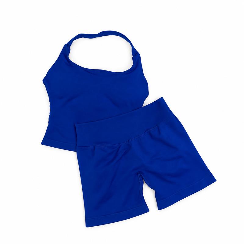 DFYNE Female 2-Piece Matching Workout Set - Seamless Halter Neck Yoga Tank Top & High Rise Shorts, Quick-Dry Stretch, Breathable Lightweight Sculpting Activewear for Gym, Running