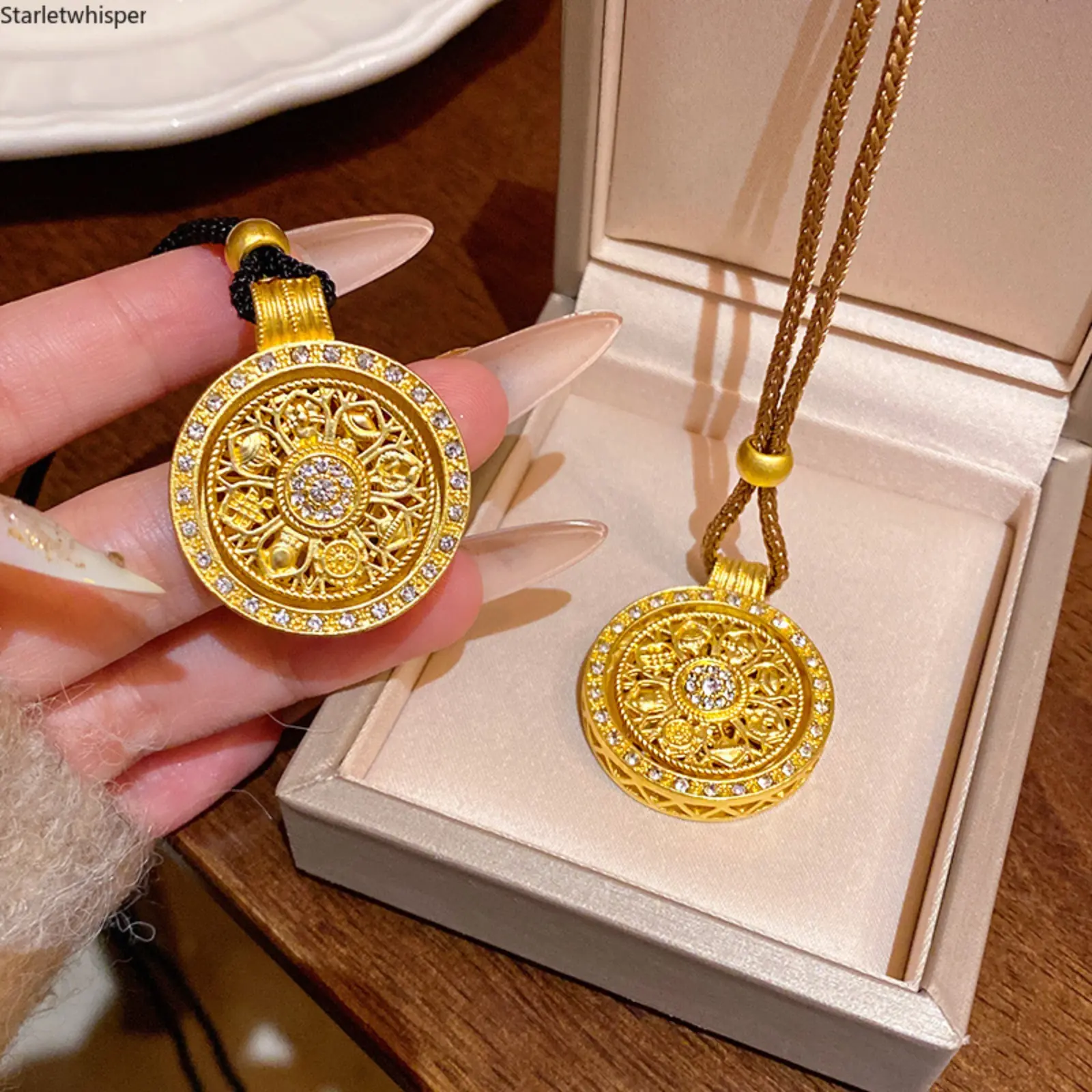 Women's Vintage Gold-Plated Lotus & Peace Buckle Pendant Necklace - Moissanite-Inlaid Lucky Amulet, Braided Rope Chain, Ethnic Style, Pendant Design Jewelry for Spiritual Protection Daily Wear Gift (Sports & Outdoor Accessory)