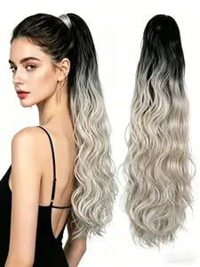Premium Ombre to Silver Color Water Wave Ponytail Extensions, 24 Inch Heat Resistant Synthetic Hair, Secure Claw Clip, Fluffy Voluminous