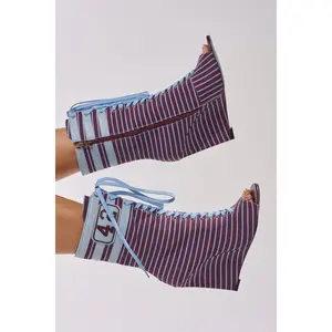 AZALEA WANG WYATT BLUE MULTI STRIPE WEDGE BOOTIE