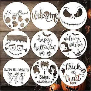 Halloween Stencils for Painting on Wood, Round Reusable Large Happy Halloween Hey Boo Trick or Treat Witch Stencils for Porch Sign Walls Door Hanger Sign DIY Ornament Crafts(9 Hey Boo)