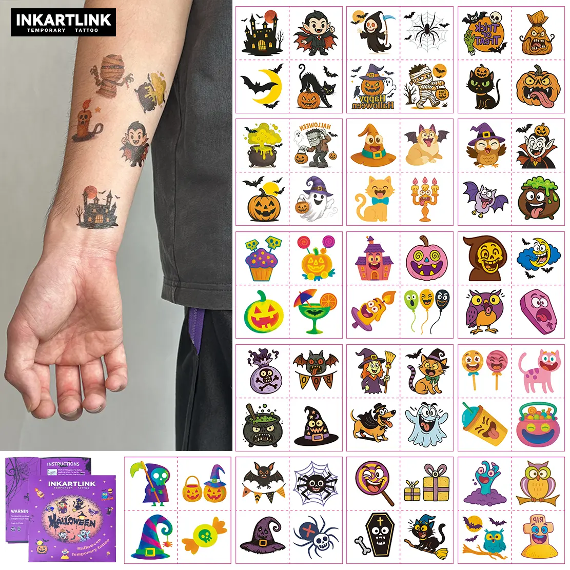 [Halloween] INKARTLINK Halloween Temporary Tattoo Stickers - 128 Designs, 512 Pieces, Waterproof, Long-Lasting, Fun Glow-In-The-Dark, with Candy, Creepy Pumpkins, Brooms, Potions, Easy To Apply for Party Costumes