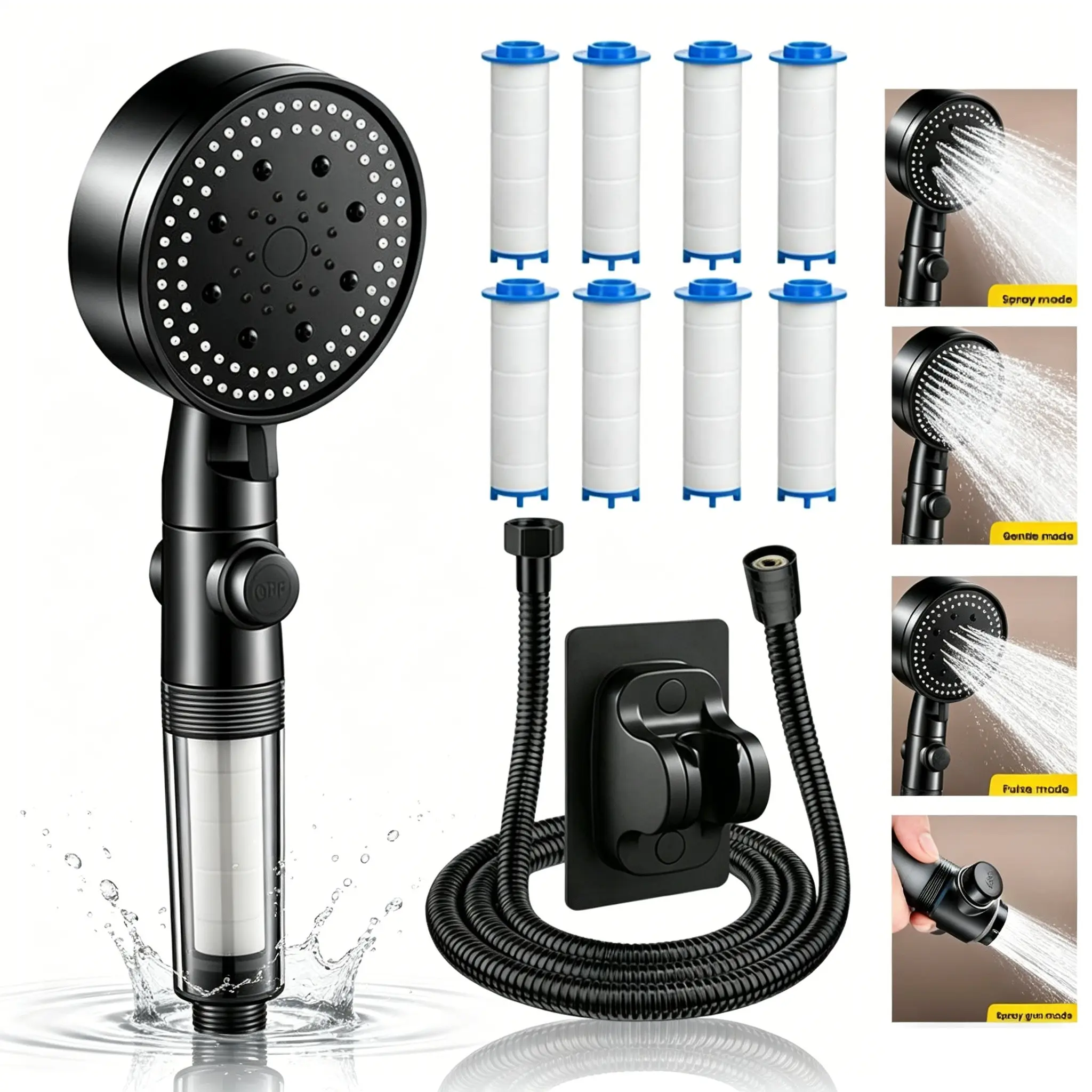 5-Setting High-Pressure Shower Head with Hard Water Filter, Includes 8 Replacement Filters, Handheld Shower Kit with Hose and Holder for Home RV Pet Grooming Hair Salons