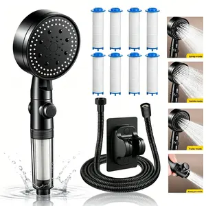 5-Setting High-Pressure Shower Head with Hard Water Filter, Includes 8 Replacement Filters, Handheld Design with Hose and Holder for Home RV Pet Grooming Hair Salons