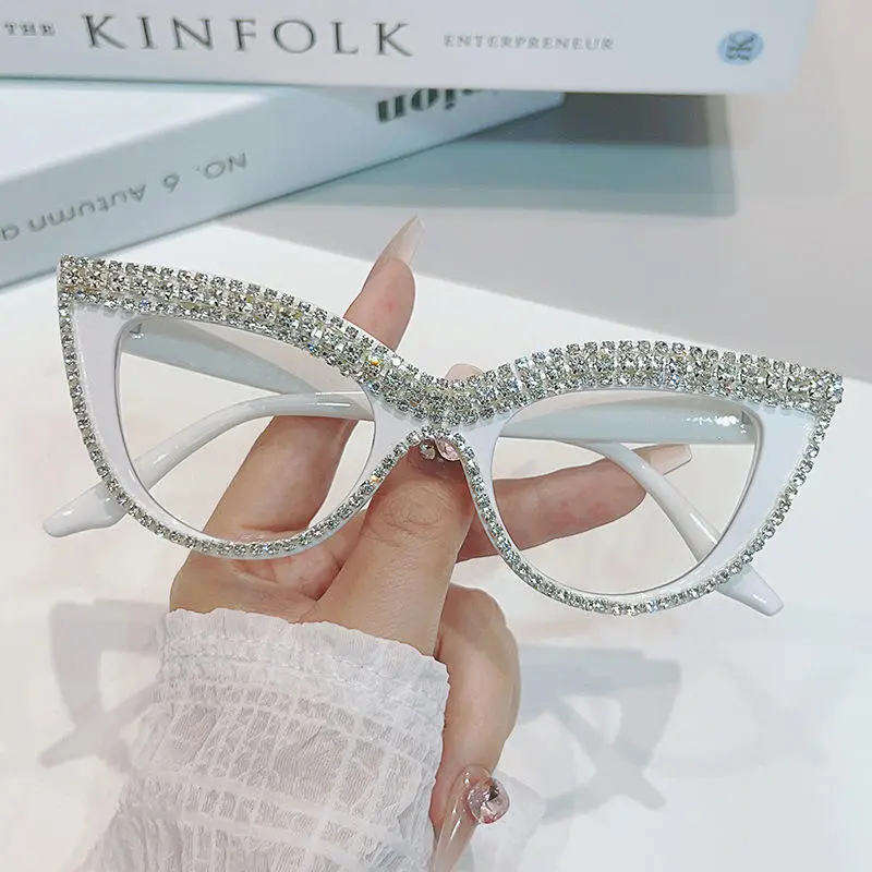 Cat Eye Women Eyeglasses With Rhinestone Embellished Frame, Dual Function Blue Light Block And Sun Protection Eyewear, Sparkly Decorative Frames for Seasonal Parties And Daily Screen Wear