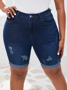 Plus Size Solid Ripped Tight Stretch High Waist Distressed Denim Shorts, Casual Pocket Button Fly Skinny Jeans Shorts, Summer Clothes