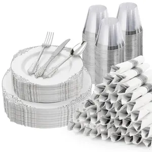 Bestluck 350PCS Silver Plastic Dinnerware Set for 50 Guests Includes 100 Plates 50 Silverware Sets 50 Napkins & Cups Vintage Gold Rim Elegant Disposable Perfect for Weddings Parties Special Events
