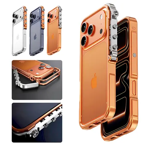 HISTORYOO Full Metal Frame Bezel Bumper Case For iPhone 18 Pro Max 17 16 Pro 15 14 Plus 13 No Back Cover Armor Aluminum Alloy Bumper Punk armor style Mechanical Screw Button Split Frame Design easy installation Minimalist Bare-Hand Feel Fit Lightweight