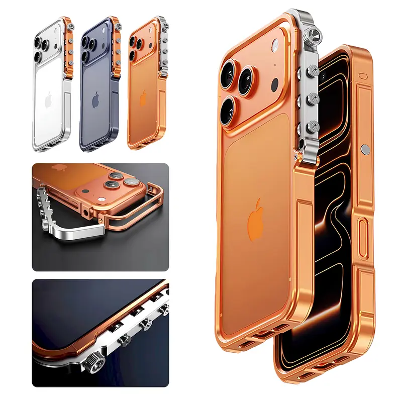 HISTORYOO Full Metal Frame Bezel Bumper Case For iPhone 18 Pro Max 17 16 Pro 15 14 Plus 13 No Back Cover Armor Aluminum Alloy Bumper Punk armor style Mechanical Screw Button Split Frame Design easy installation Minimalist Bare-Hand Feel Fit Lightweight
