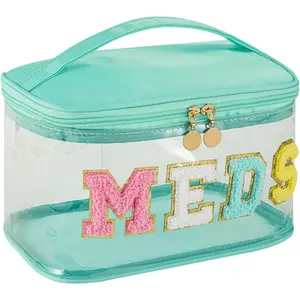 Personalized Chenille Letter Clear  Makeup Bag, Large  Nylon  Toiletry Storage bag with Top Handle, Transparent Meds  Travel Organizer  Bag(12Green-Meds)