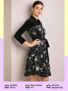 Rgothic suit dress Sun Moon Star Printed Full Buttons Turn-down Collar Tied A Line Shirted Velvet Dress winter new slim fit long sleeve a-line midi dress size 16 dress to 32 gothic print elegant maxi dress winter dresses women