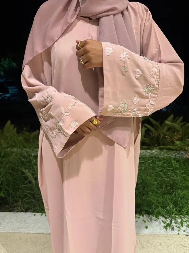 Flower Rhinestone Abaya - Elegant Hand-Sewn Embroidery on Premium Closed Design with Matching Hijab in Black or Pink