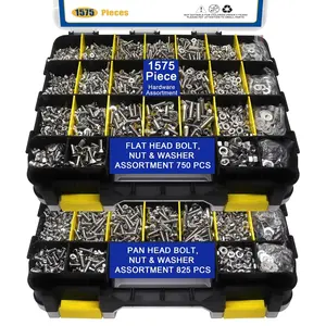 1575 PCS Nuts and Assortment Kit, Stainless Pan Head & Flat Head Screws, Nuts Washers with Sided Organizer Box