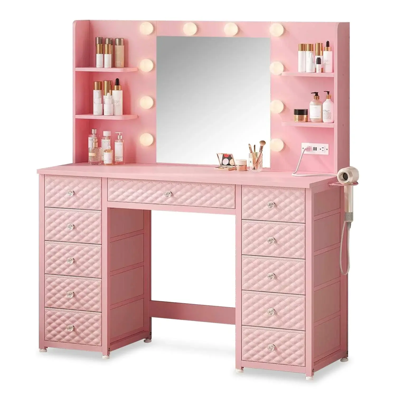 SIKAIC Blush Pink Vanity Makeup Desk - Stylish Modern Indoor Furniture with 11 Drawers, 6 Open Shelves, Ample Storage for Bedrooms & Beauty Routine Enhancement