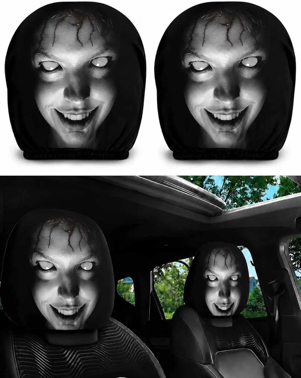 2PCS Ghost Face Headrest Covers, Scary Face Printing Auto Seat Universal Elastic Models Headrest Protector