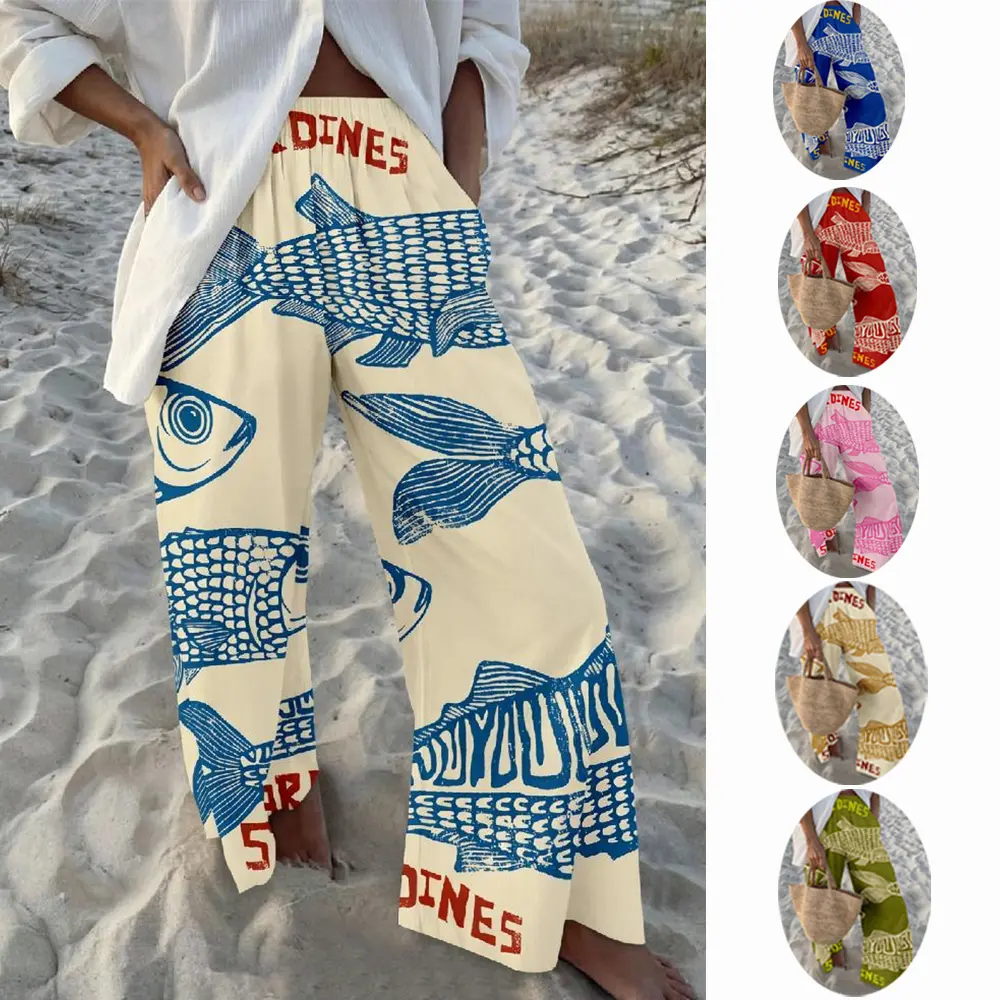 Women's Retro Nautical-Style Sardine Print Wide-Leg Pants with